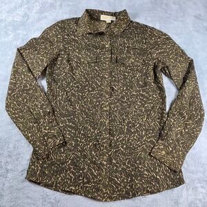 Michael Kors Women 4 Olive Green Animal Print Button Down Shirt Safari Utility